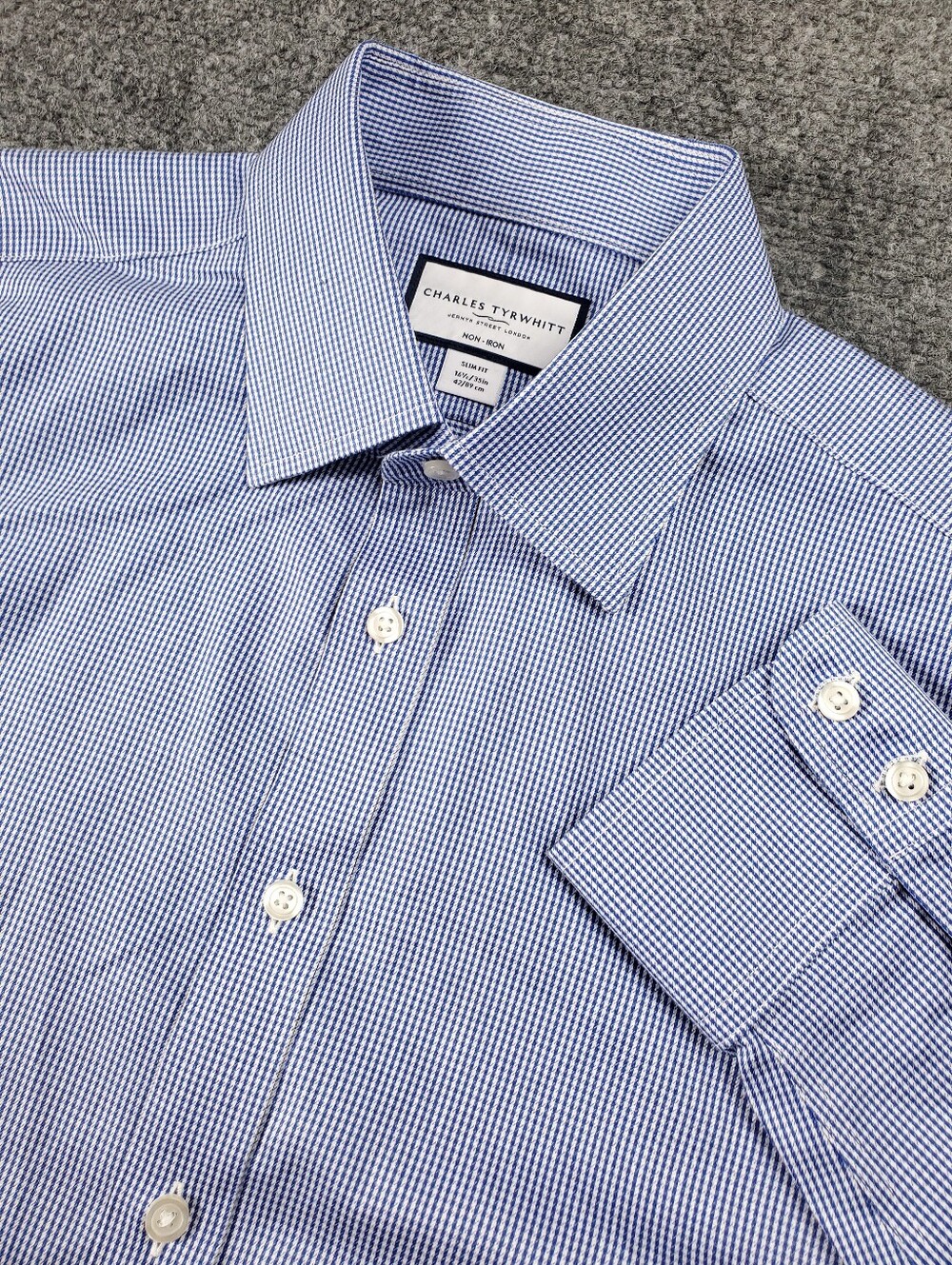 Charles Tyrwhitt Dress Shirt Slim Fit 16.5 35 Blue White Check Non Iron Spread